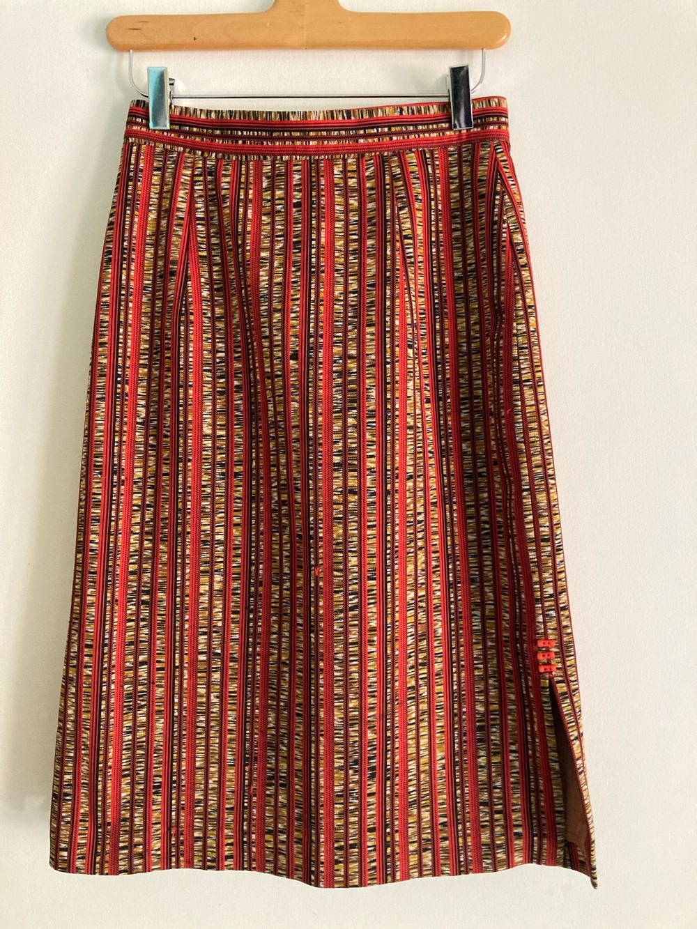 VTG 70s Pierre Lepin Red Multi Stripe Midi Skirt Side Slit Button Detail Size 2
